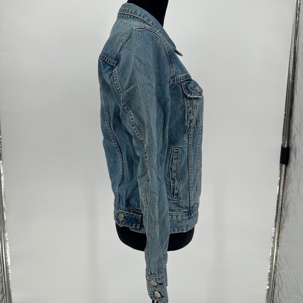 Vintage J.Crew‎ Blue Denim Trucker Jean Jacket Distressed Y2K Women's Medium - Picture 3 of 14